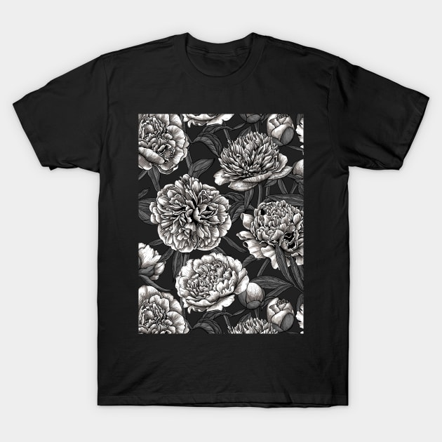 White peony flowers on dark gray T-Shirt by katerinamk